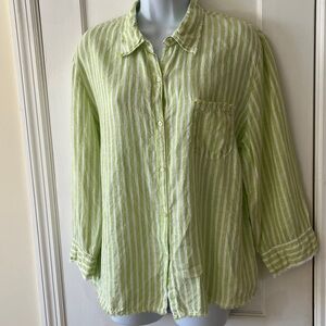Linen Shirt Striped Ragged Edge Womens XL Green White Beachy Casual Coastal